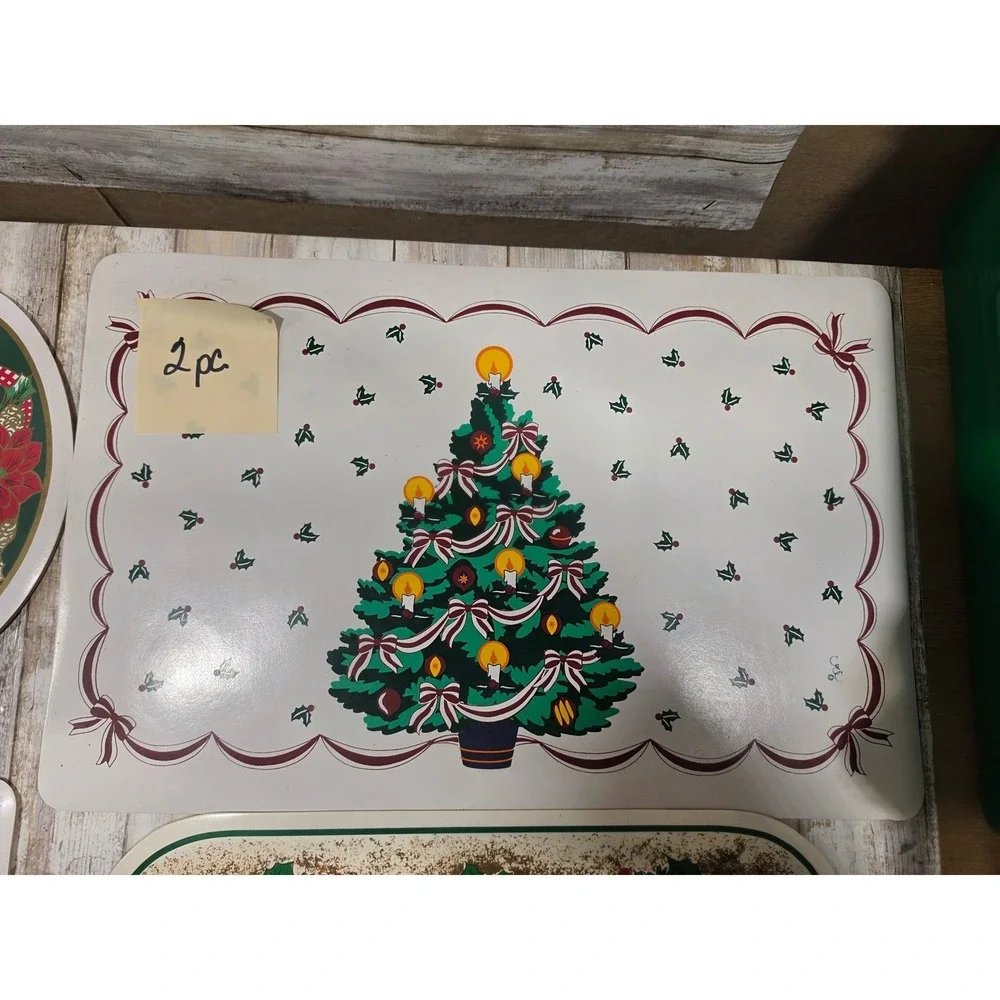 Vintage Christmas Placemats Lot of 7 Holiday Tree Bells Bunny Poinsettia Decor
